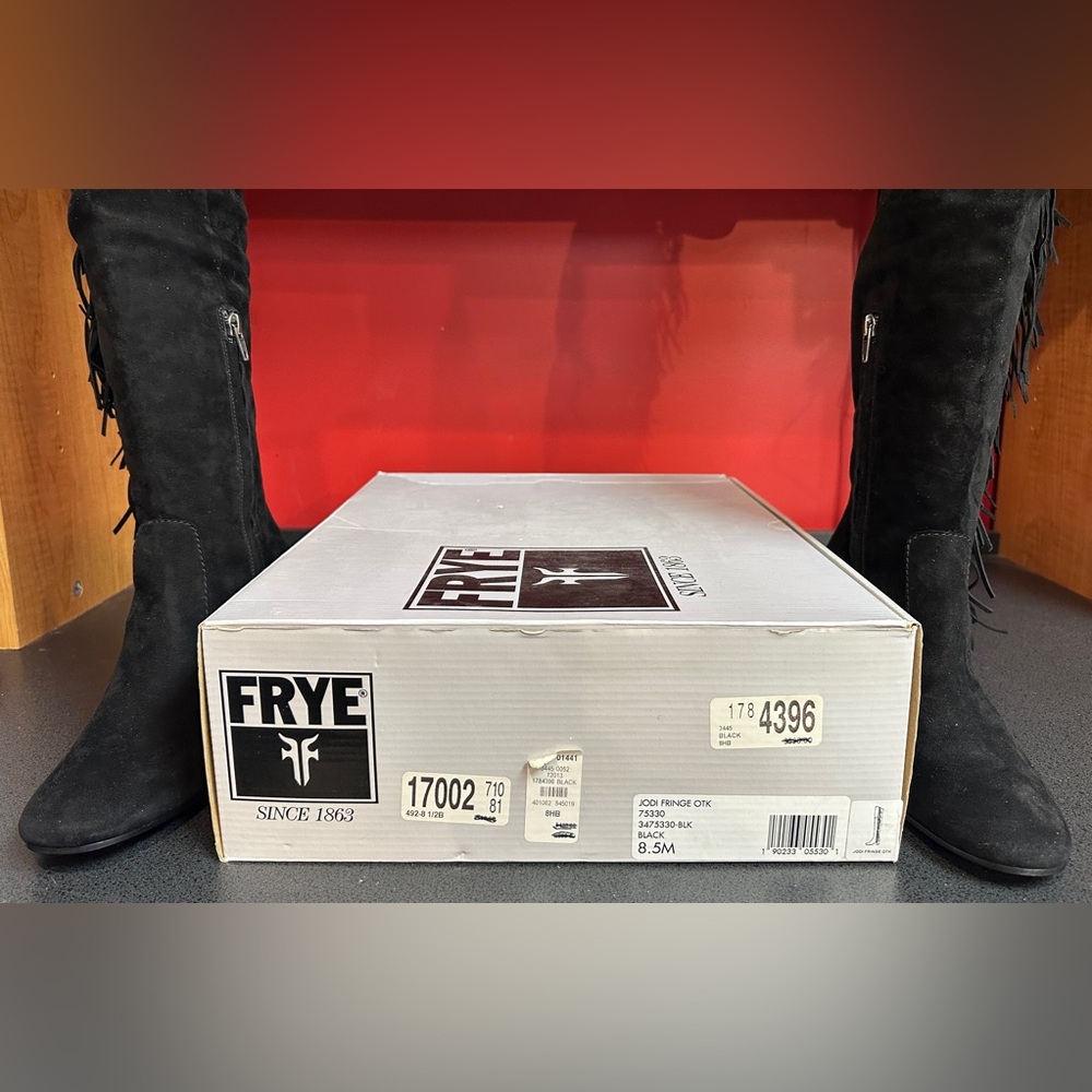 Frye Jodie Over The Knee Fringe Black Suede New with Tags & Box Women’s Sz 8.5M - Picture 3 of 16